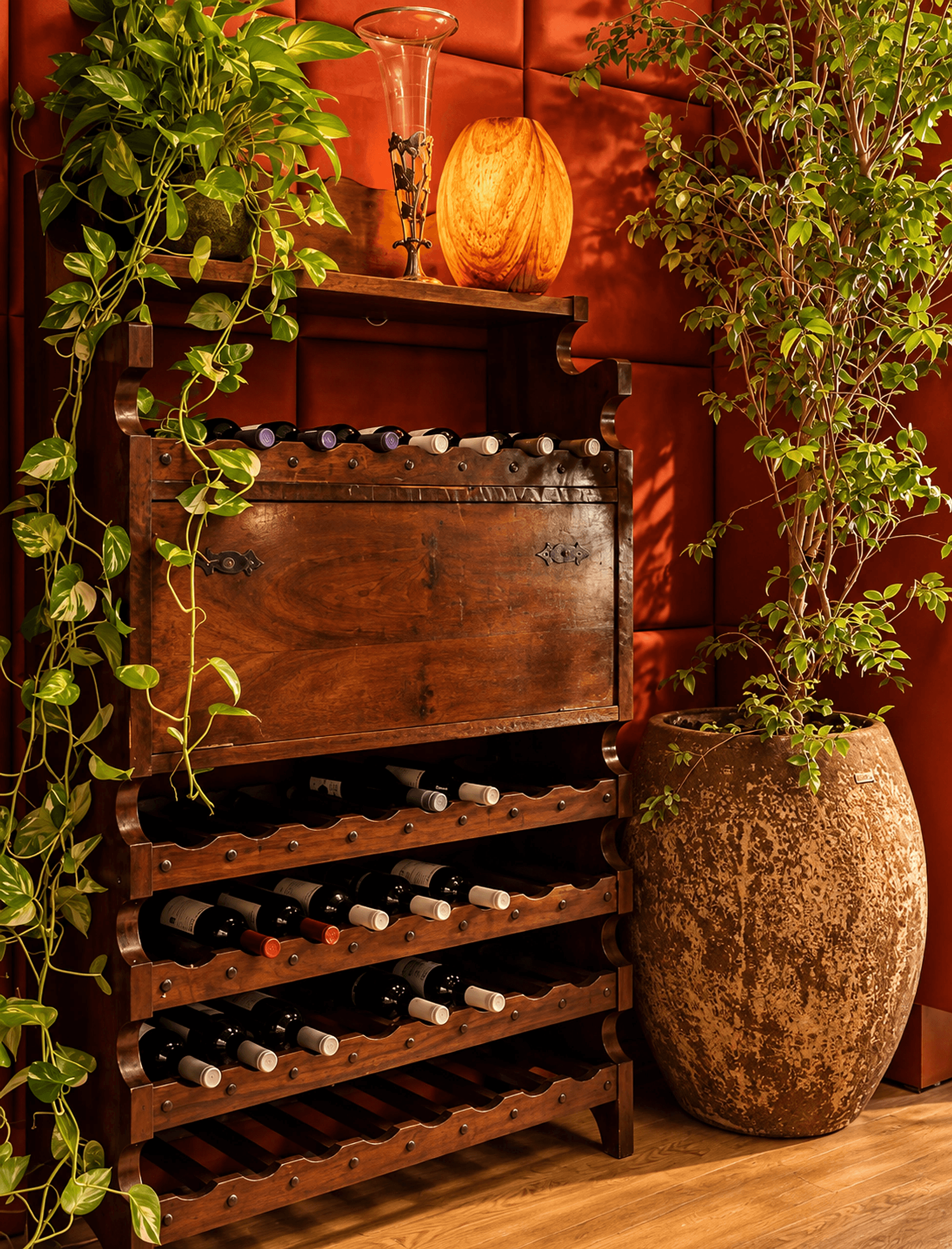 Adega rústica de madeira com garrafas de vinho e vaso Florença alto com árvore na Sala do Vinho, CASACOR Piauí 2026