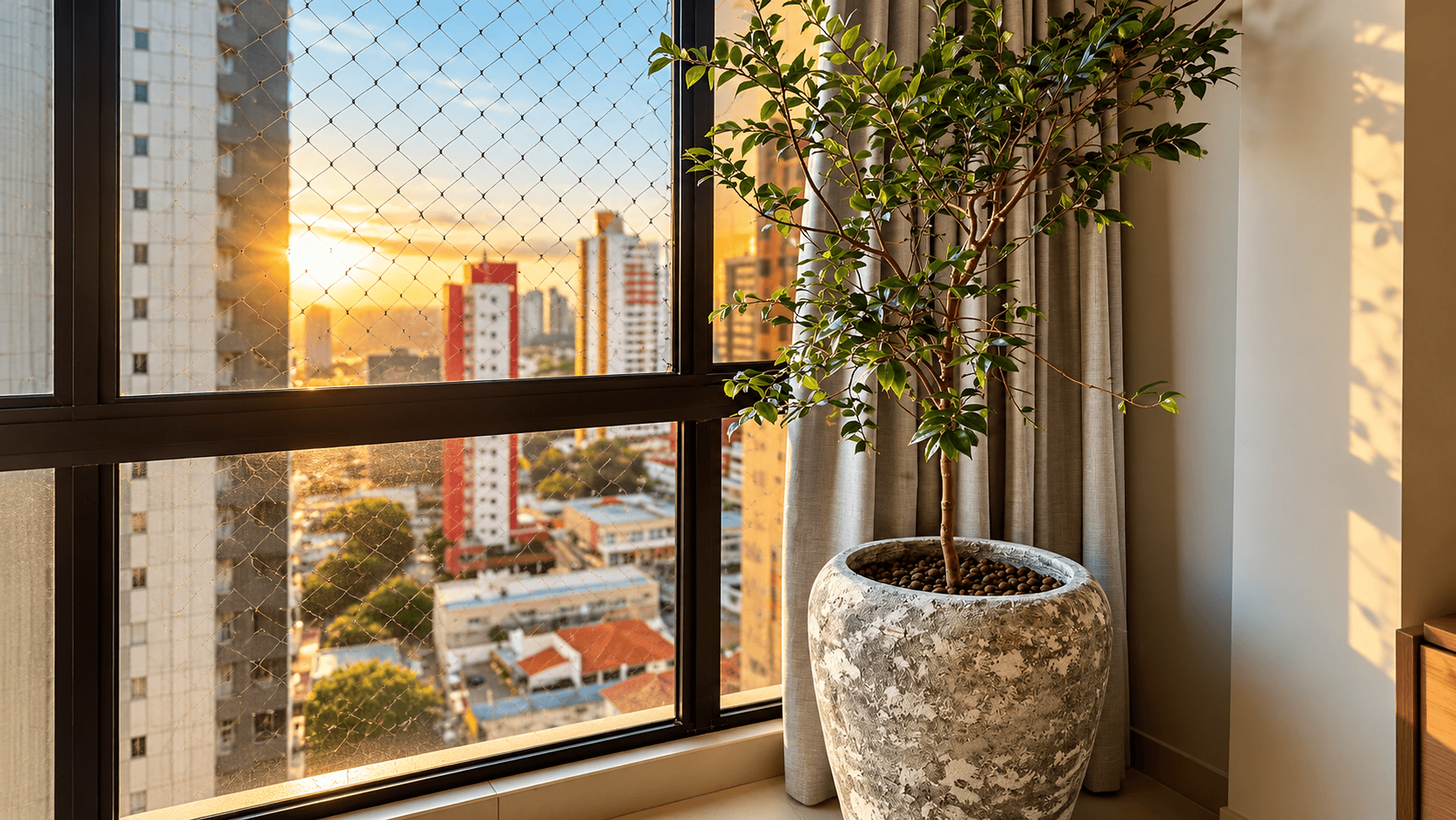 Vaso Florença com árvore em varanda de apartamento ao pôr do sol