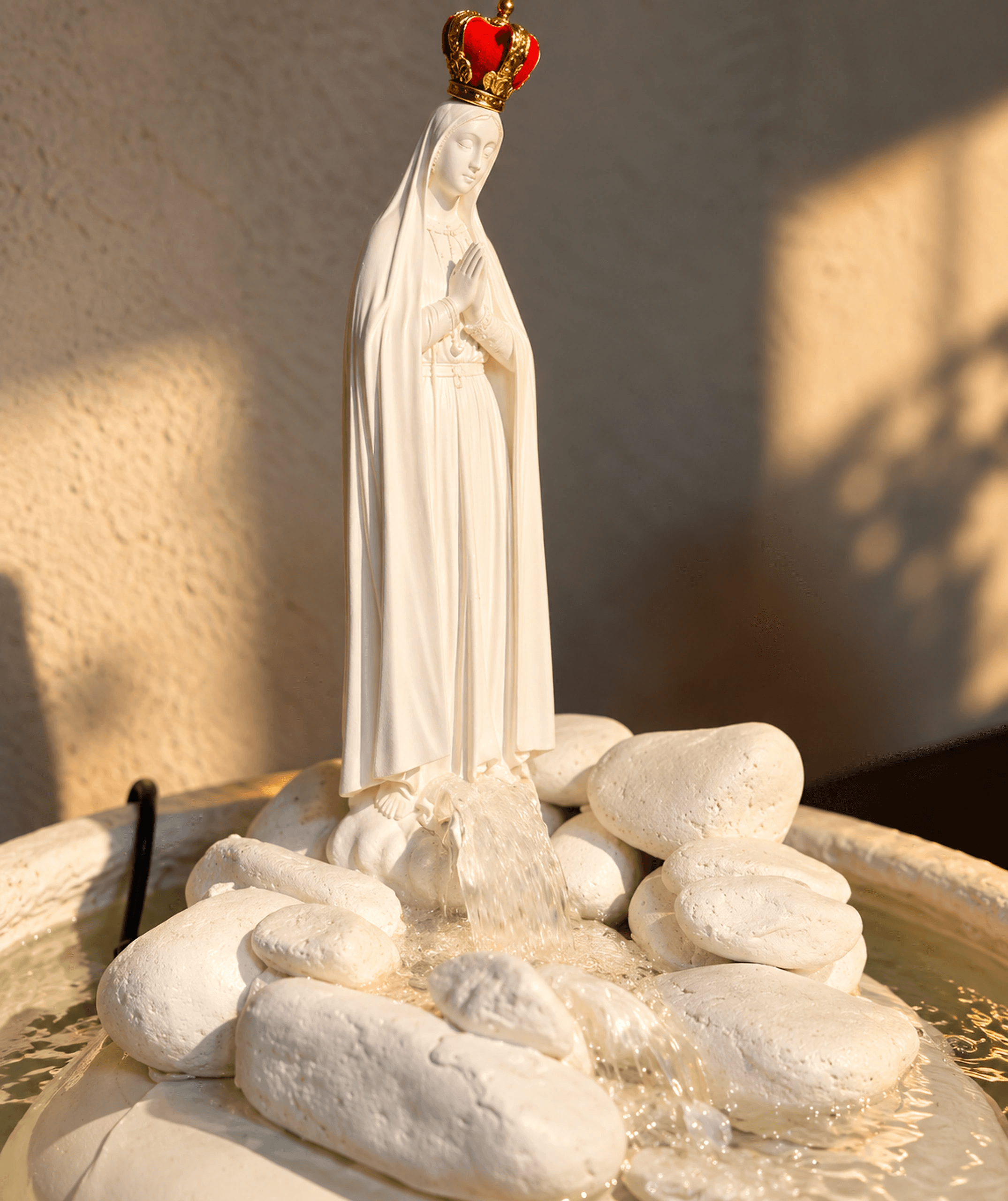 Fonte devocional Florença com imagem de Nossa Senhora sobre seixos brancos e água