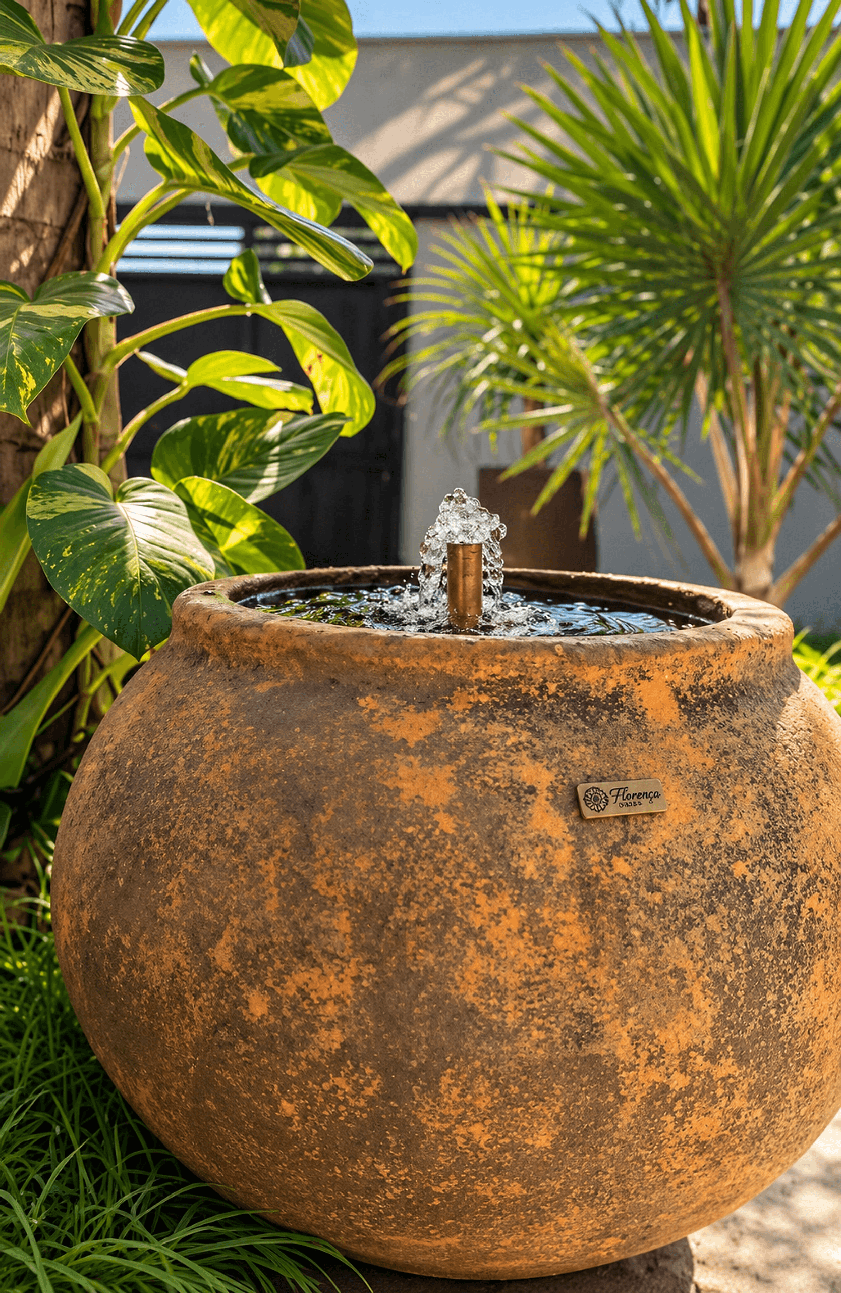 Fonte rústica Florença em tom terracota com água jorrando, cercada de folhagens no jardim