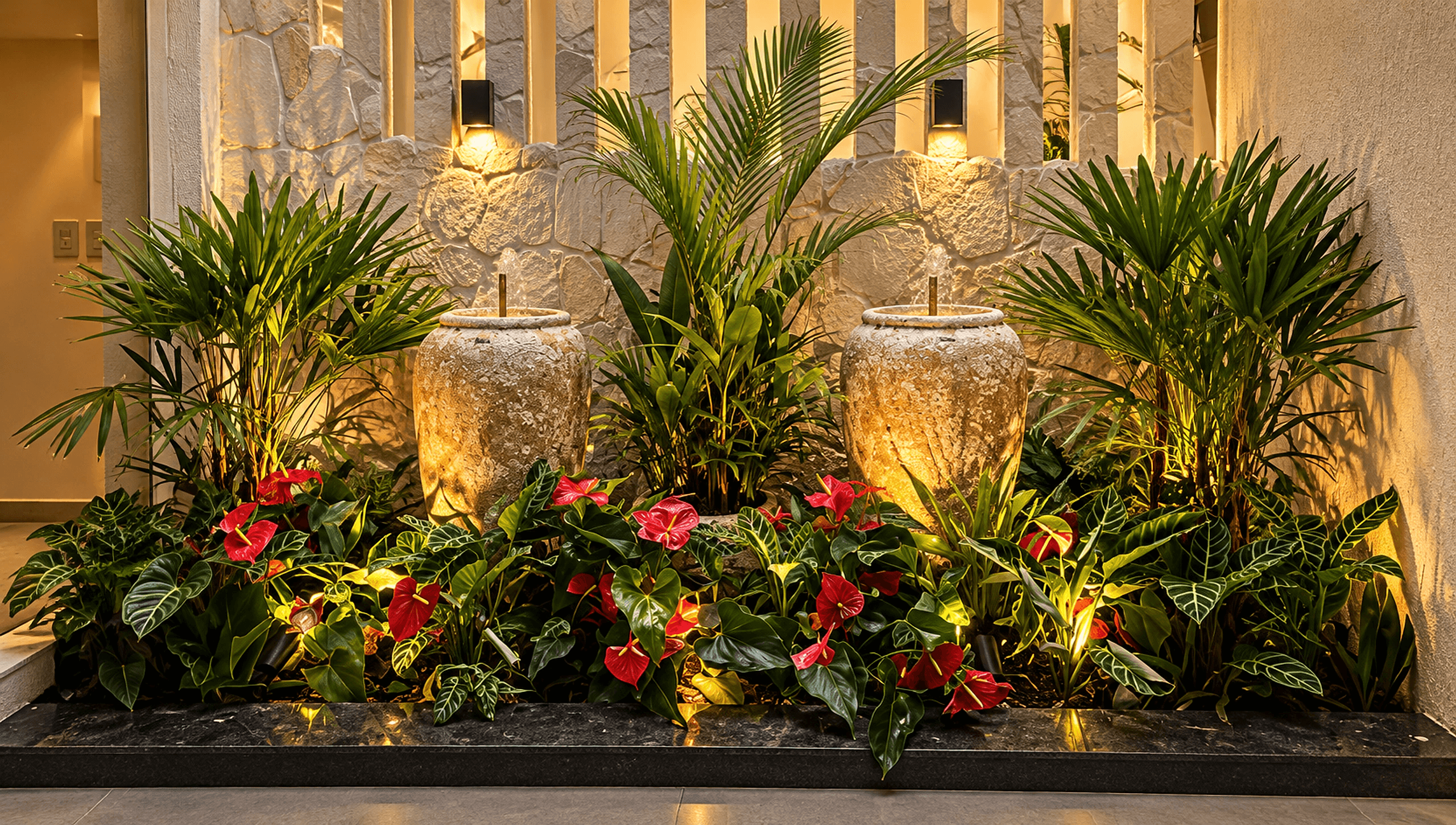 Jardim tropical com duas fontes Florença iluminadas entre antúrios vermelhos