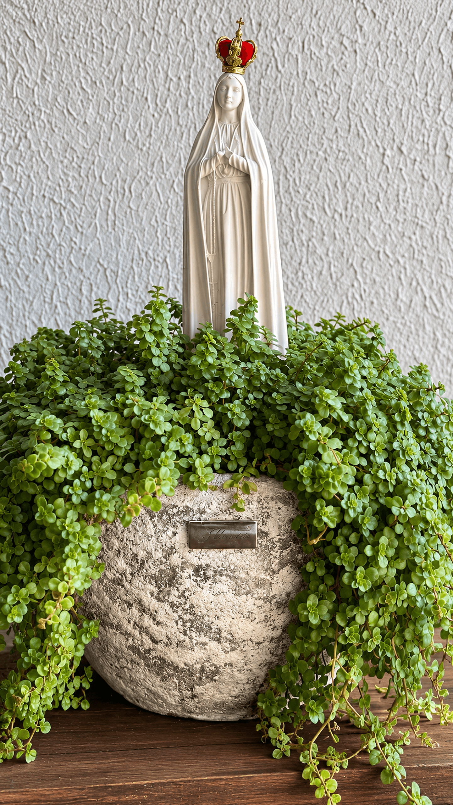 Vaso Florença com folhagem pendente e imagem de Nossa Senhora coroada