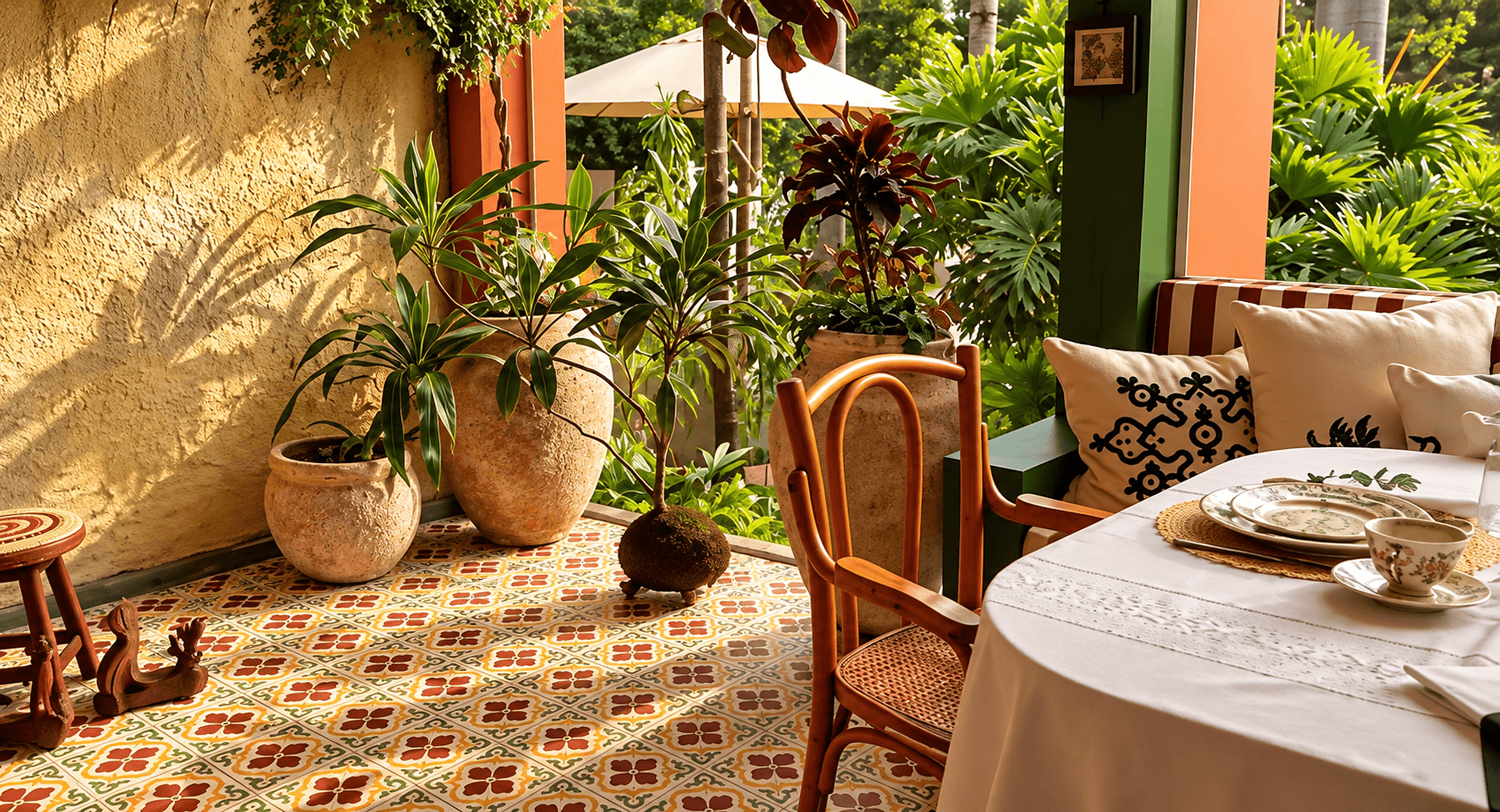 Varanda Gourmet da CASACOR Piauí 2026 com mesa posta e vasos Florença em tom areia