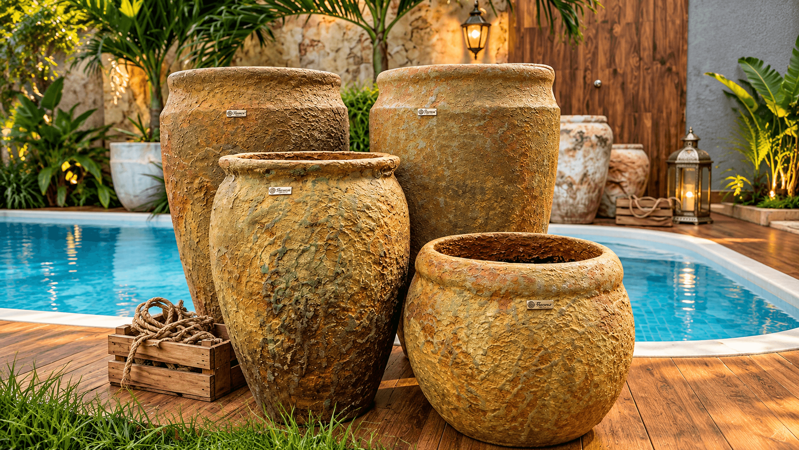 Composição de vasos Florença em textura dourada à beira da piscina, entre palmeiras